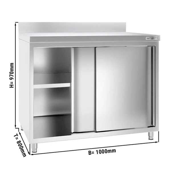 Edelstahl Arbeitsschrank PREMIUM - 1000x800mm - Mit Schiebetür & Aufkantung 1 Edelstahl Arbeitsschrank PREMIUM - 1000x800mm - Mit Schiebetür & Aufkantung