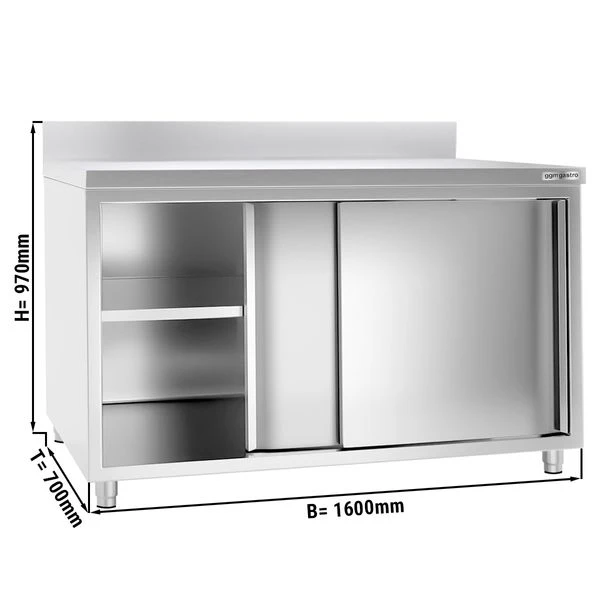 Edelstahl Arbeitsschrank PREMIUM - 1600x700mm - Mit Schiebetür & Aufkantung 1 Edelstahl Arbeitsschrank PREMIUM - 1600x700mm - Mit Schiebetür & Aufkantung