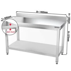 Edelstahl Arbeitstisch PREMIUM - 1400x800mm - Mit Grundboden & Aufkantung