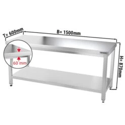 Edelstahl Arbeitstisch PREMIUM - 1500x600mm - Mit Grundboden Ohne Aufkantung