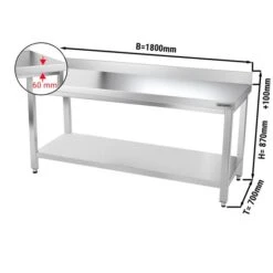 Edelstahl Arbeitstisch PREMIUM - 1800x700mm - Mit Grundboden & Aufkantung