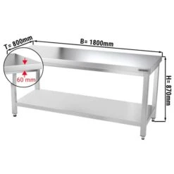 Edelstahl Arbeitstisch PREMIUM - 1800x800mm - Mit Grundboden Ohne Aufkantung