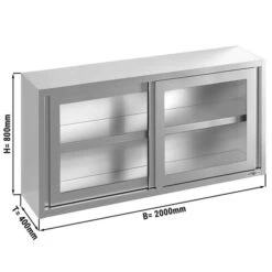 Edelstahl Wandhängeschrank - 2000x400mm - Mit Glasschiebetür - 800mm Hoch