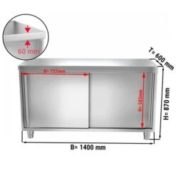 Edelstahl Arbeitsschrank PREMIUM - 1400x600mm - Mit Schiebetür Ohne Aufkantung -Küchenbedarf Discounter ask146 masse2 2bc1 1