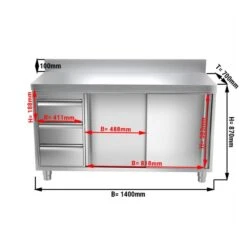 Edelstahl Arbeitsschrank PREMIUM - 1400x700mm - Mit 3 Schubladen Links & Aufkantung