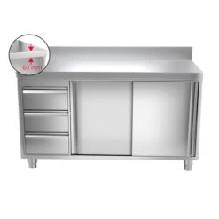 Edelstahl Arbeitsschrank PREMIUM - 1400x600mm - Mit 3 Schubladen Links & Aufkantung -Küchenbedarf Discounter ask147a l icon 3458