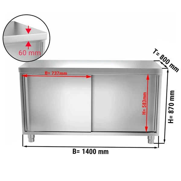 Edelstahl Arbeitsschrank PREMIUM - 1400x800mm - Mit Schiebetür Ohne Aufkantung 3 Edelstahl Arbeitsschrank PREMIUM - 1400x800mm - Mit Schiebetür Ohne Aufkantung – Bild 3