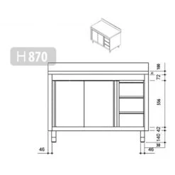 Edelstahl Arbeitsschrank PREMIUM - 1400x700mm - Mit 3 Schubladen Rechts & Aufkantung -Küchenbedarf Discounter stainless steel workcabinet 3 drawers drawing 1 11fc