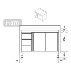 Edelstahl Arbeitsschrank PREMIUM - 2000x700mm - Mit 3 Schubladen Links & Aufkantung -Küchenbedarf Discounter stainless steel workcabinet 3 drawers left drawing 1 9308