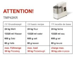 Teigknetmaschine - 42 Liter / 38 Kg - 1 Geschwindigkeit - Kessel Abnehmbar Und Rührwerk Aufklappbar -Küchenbedarf Discounter tmp42kr ec1f