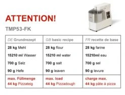 Teigknetmaschine - 53 Liter / 44 Kg - 2 Geschwindigkeiten - Mit Festem Kessel -Küchenbedarf Discounter tmp53 fk 6167