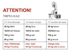 Teigknetmaschine - 53 Liter / 43 Kg - 2 Geschwindigkeiten - Kessel Abnehmbar Und Rührwerk Aufklappbar -Küchenbedarf Discounter tmp53 ka2 493e